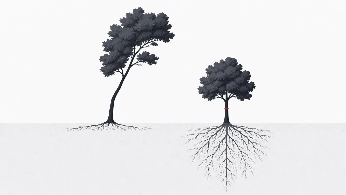 A tall shallow-rooted tree beside a modest tree with deep roots marked at the tenth ring