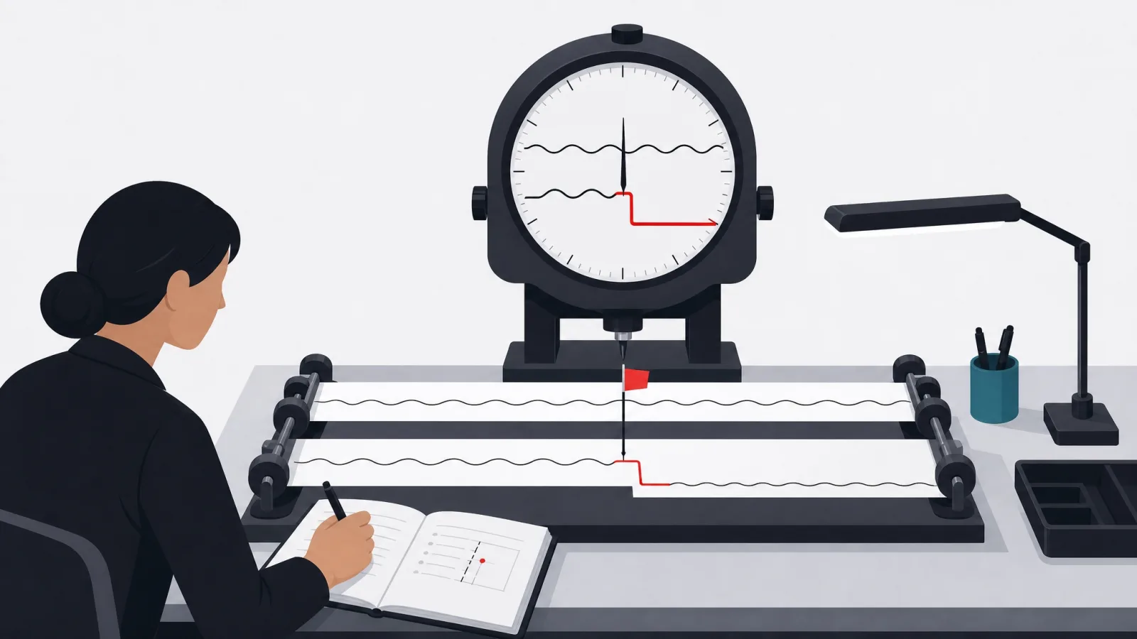 A comparator instrument aligning two wave strips and flagging the one sharp step where they diverge