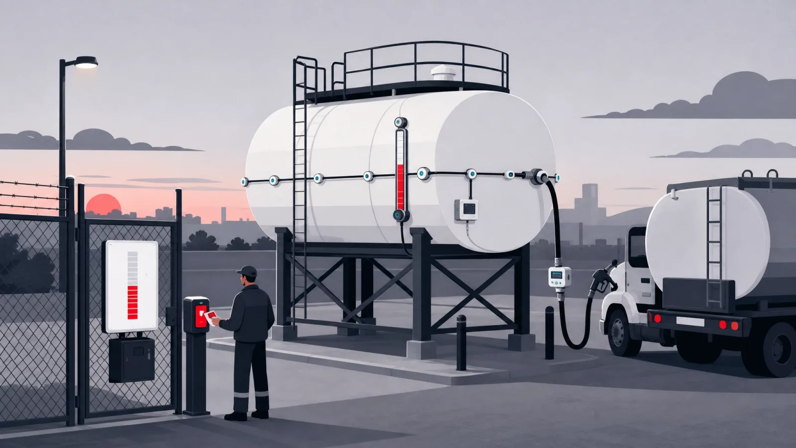 A depot fuel tank wearing gauge and meter nodes with a driver badging in at a reader before fueling