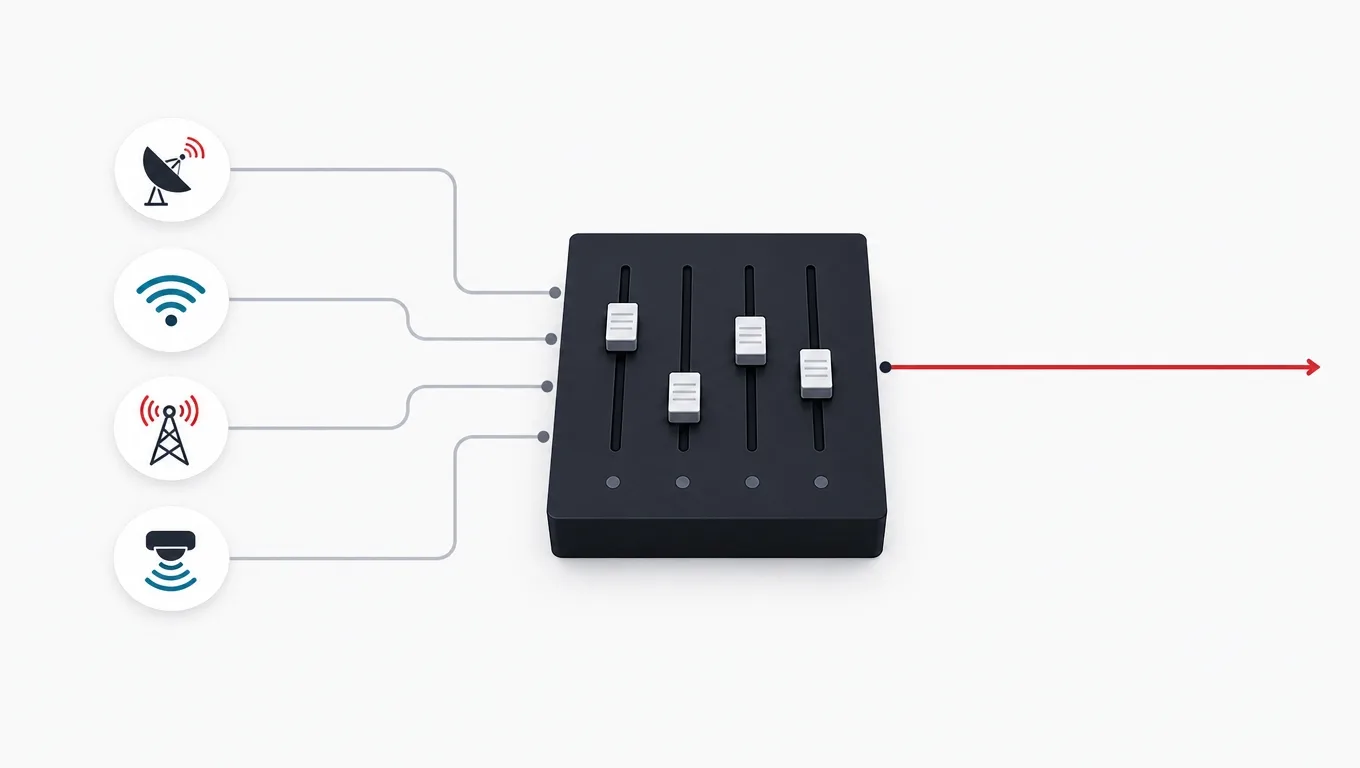 Four positioning signal channels blended at a mixing desk into one steady red output line