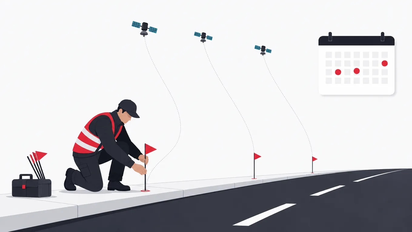 An engineer planting measurement flags along a street of signal-bending buildings, a marked calendar above