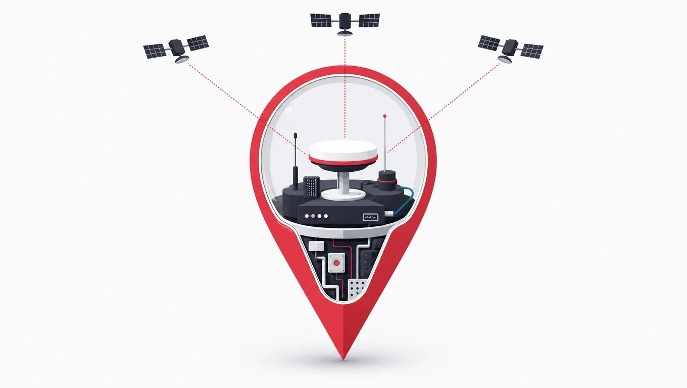 A transparent location pin revealing internal machinery, fed by beams from three satellites