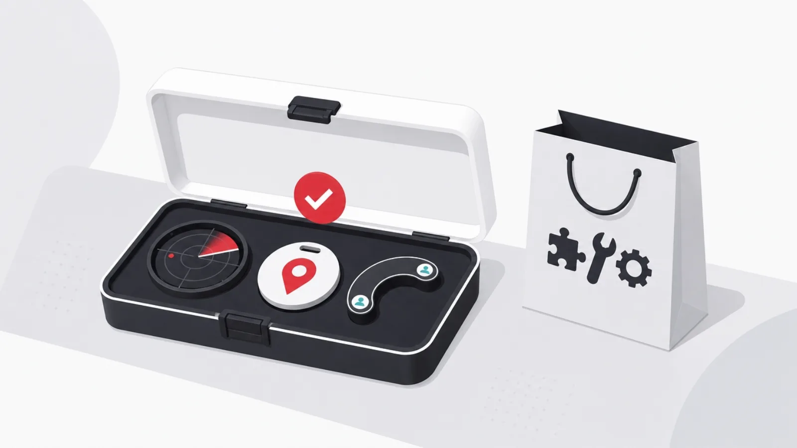 A device opened like a toolbox revealing fitted location tools, beside an unopened bag of extra tools, a red check over the tray