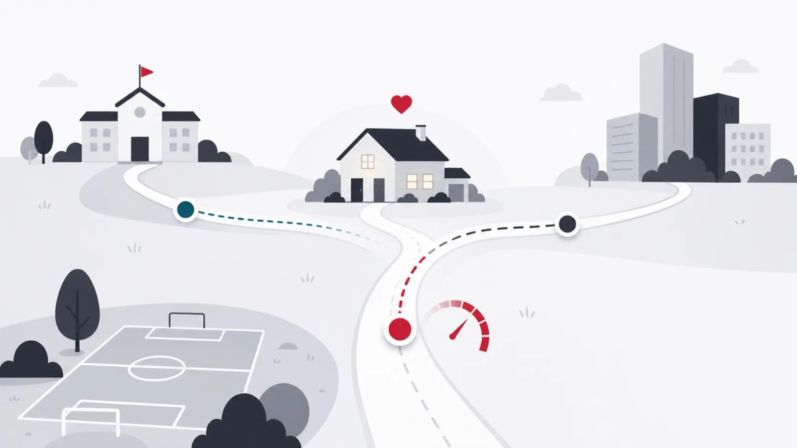 Three routes converging on a family home with moving avatar dots, one road segment showing a red speed arc beside a teen driver's dot