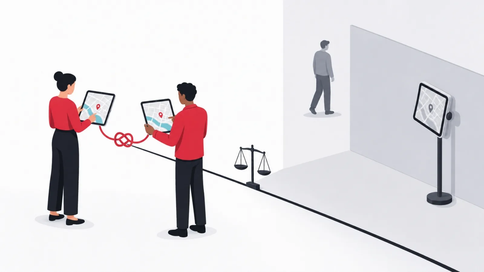 A boundary line with mutually consenting map-sharers on one side and a faded covert watcher behind a wall on the other, a justice mark on the line