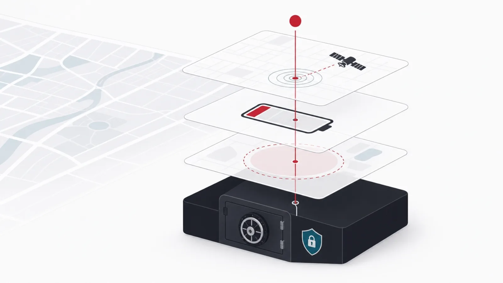 A moving map dot exploded into four transparent layers for satellite fix, battery, geofencing and a solid privacy vault, stitched by a red thread