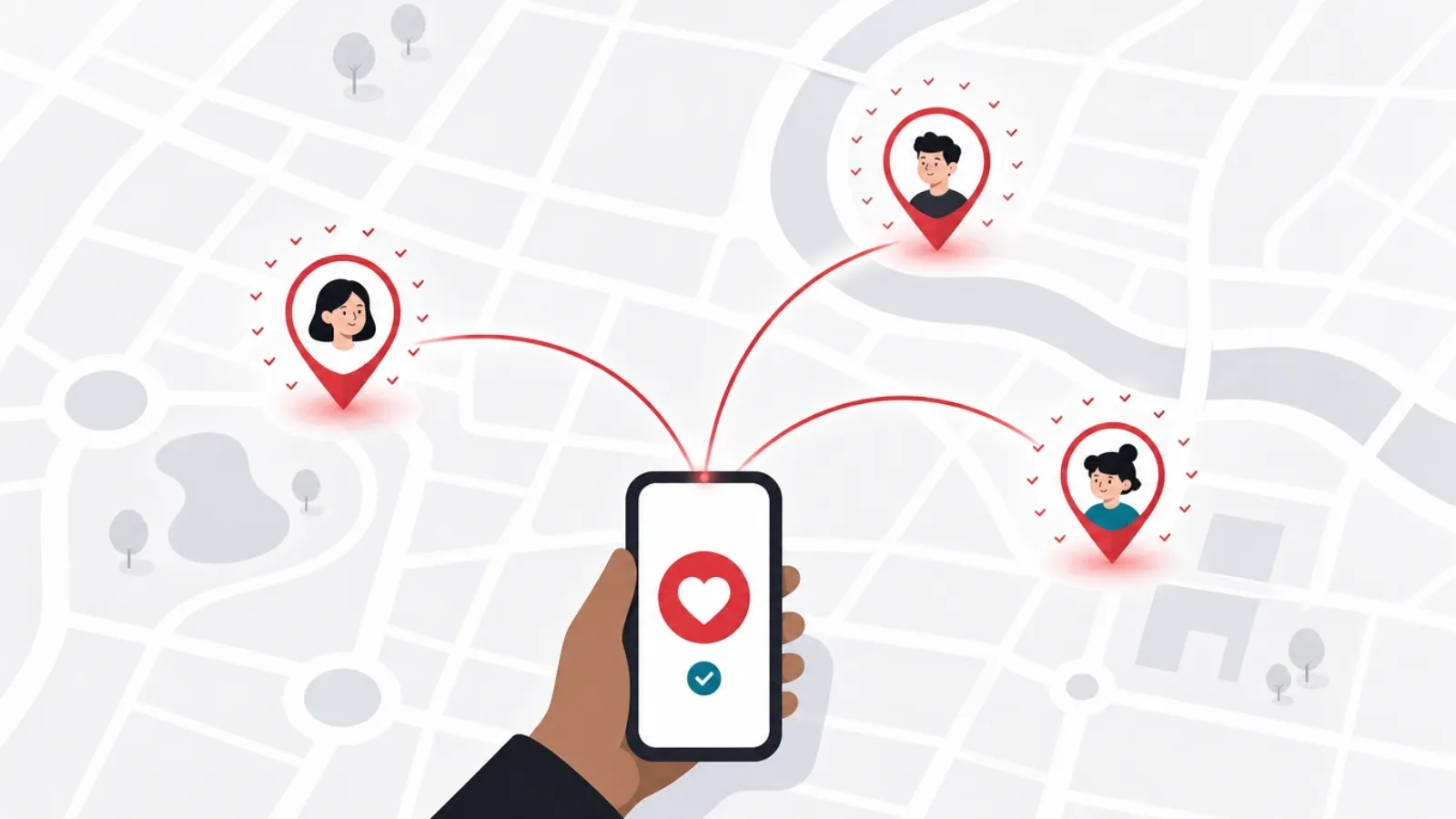 A held device connected by red arcs to three glowing family avatar pins on a soft city map, each ringed by consent ticks