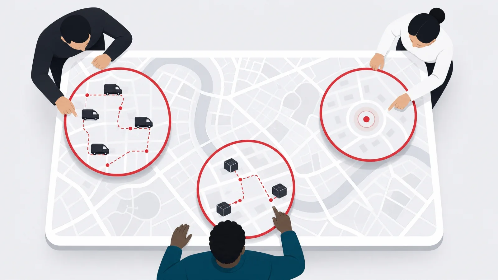 Three figures projecting different lenses onto one shared map showing vans, a single dot with a home ring, and crates