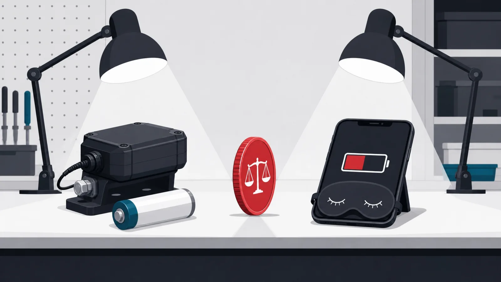 A rugged sealed tracker beside a half-drained sleeping smartphone with a coin balancing on edge between them