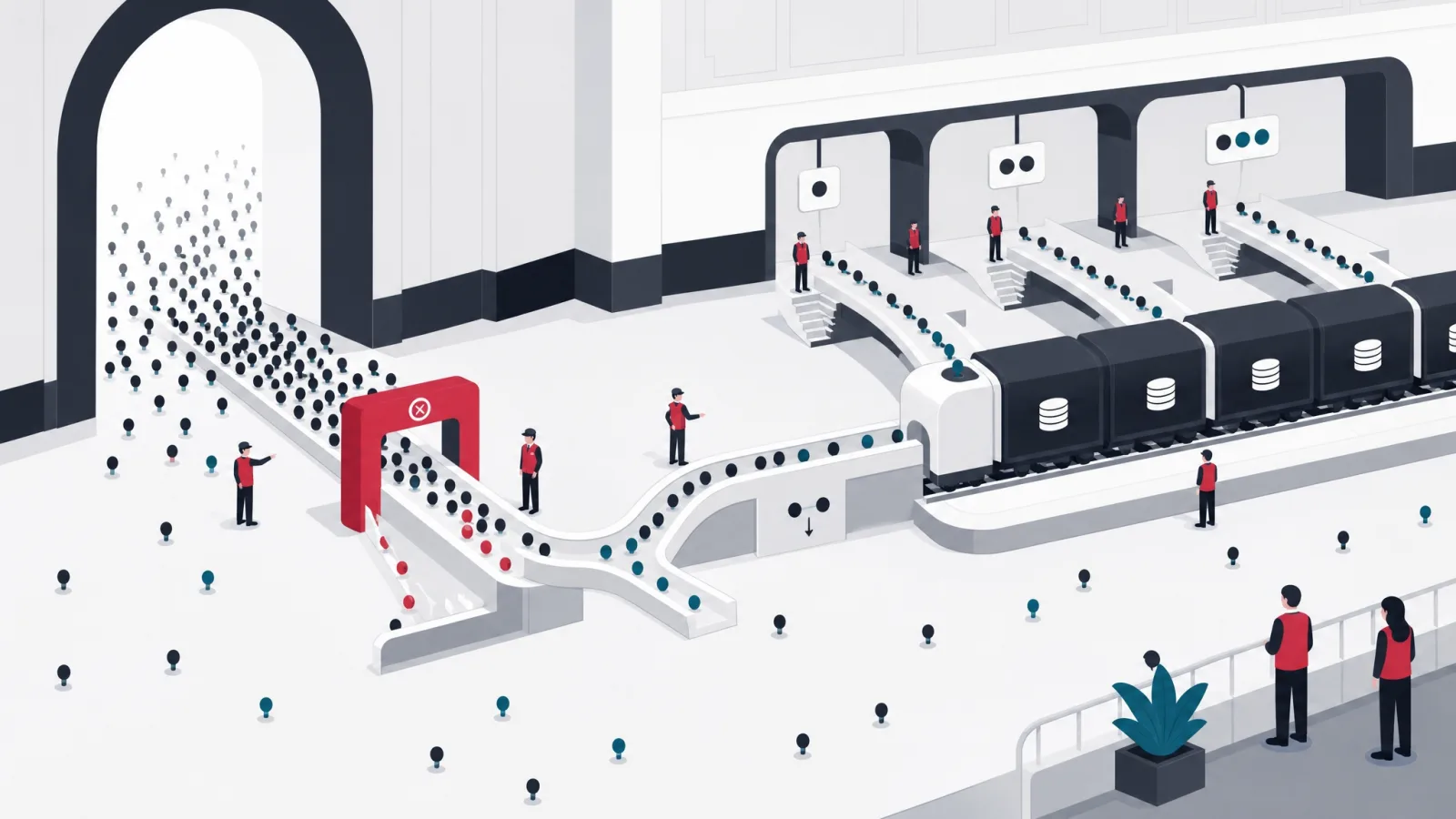 A station hall channeling streams of dot-passengers through validation and merging onto database train cars