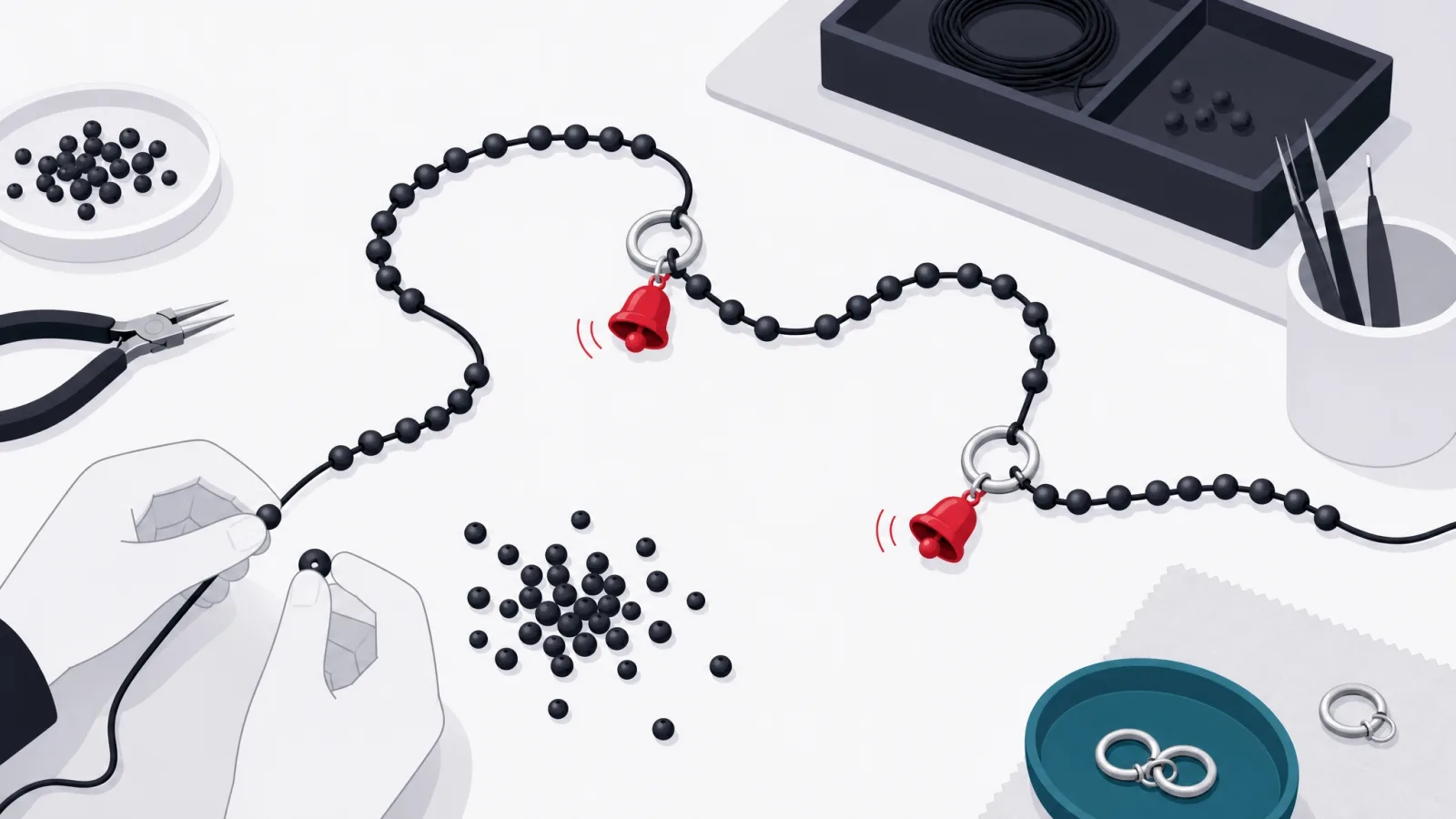 Loose dot-beads threaded into a route cord passing through ring clasps with a chiming bell charm at a crossing