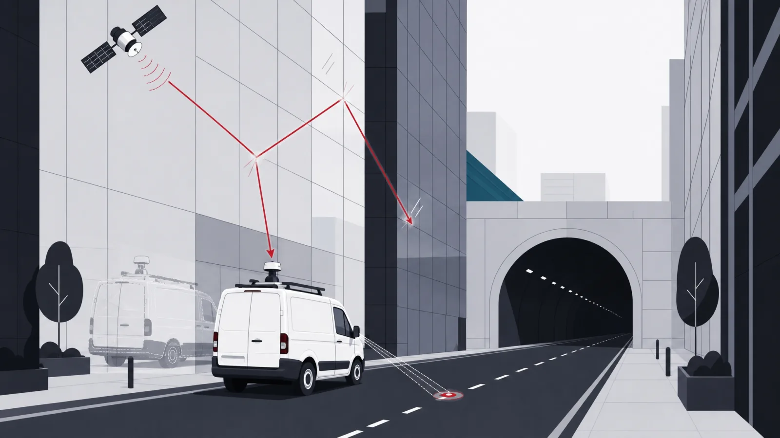 Satellite beams bouncing off buildings placing a ghost van inside a wall while a corrector pins the true position to the road