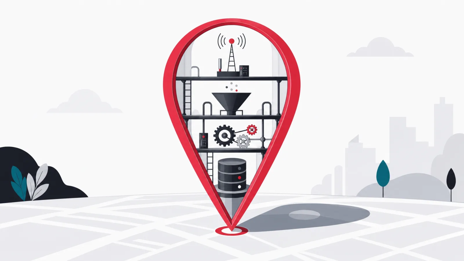 A transparent map pin revealing internal floors of antenna, funnel, gears and a database cylinder over a grid shadow