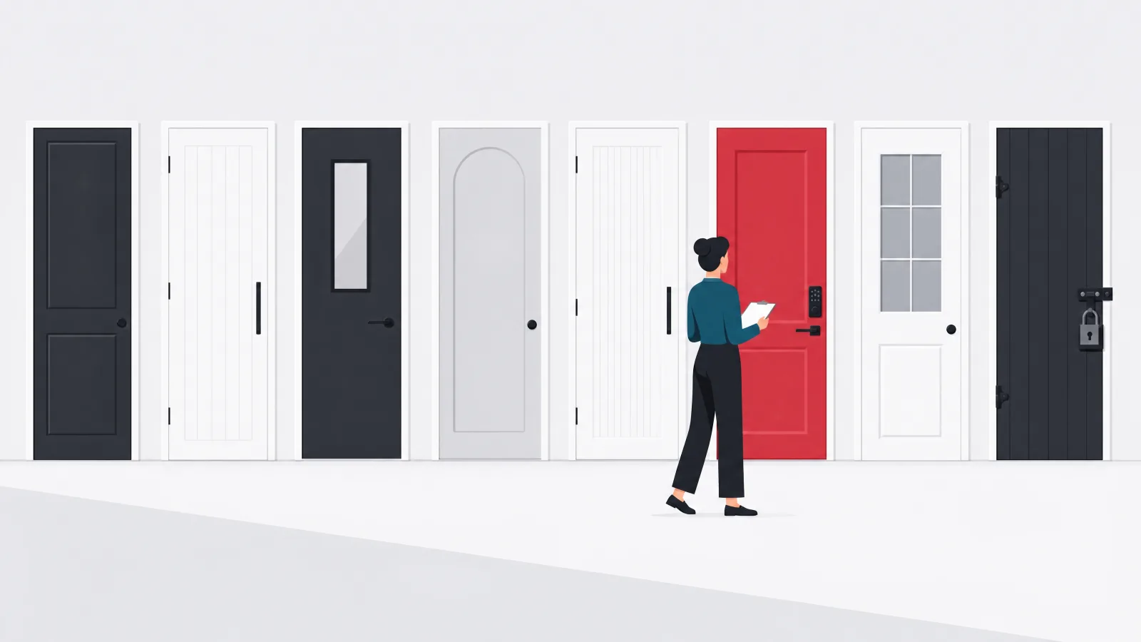 A figure with a clipboard walking along a row of eight differently designed doors, pausing at one