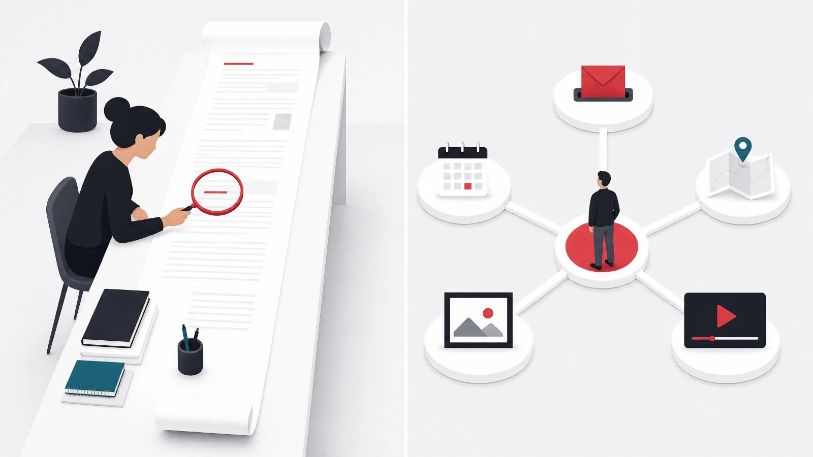 A figure reading a very long scroll with a lens beside a figure at the hub of spokes radiating to mail, calendar, map, photo and video icons