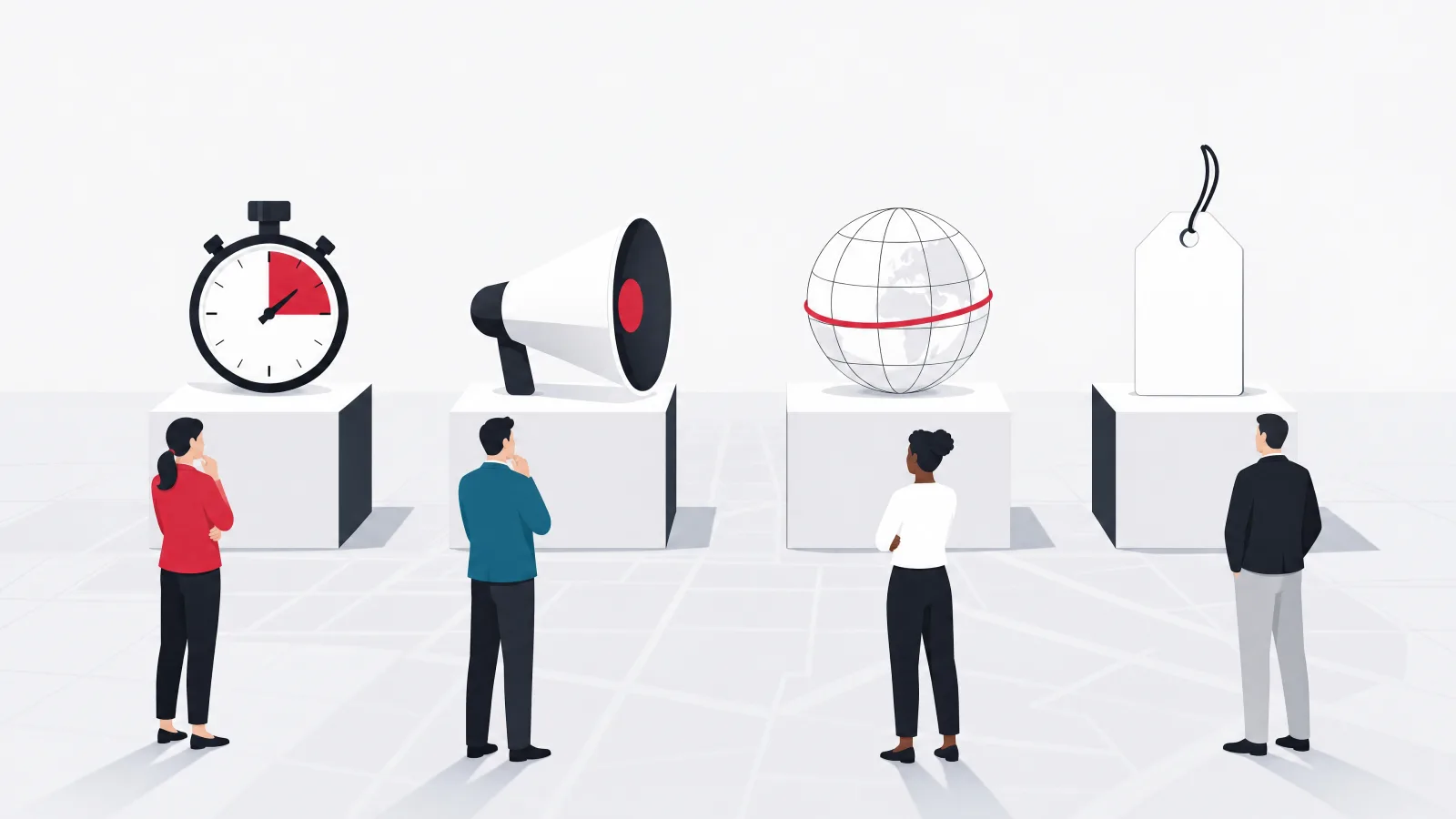 Four pedestals holding a stopwatch, a megaphone cone, a globe with a bold border line and a plain hang-tag