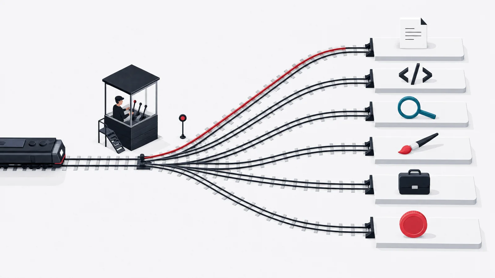 A switching yard where one track splits into six platforms marked with a document, code bracket, lens, paintbrush, briefcase and coin