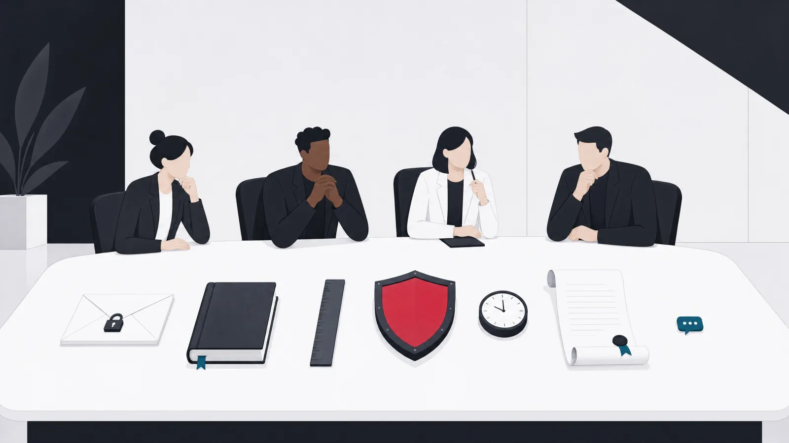 An evaluation panel of four figures at a table holding a locked envelope, ledger, ruler, shield, clock and contract scroll with a small chat bubble at the far end