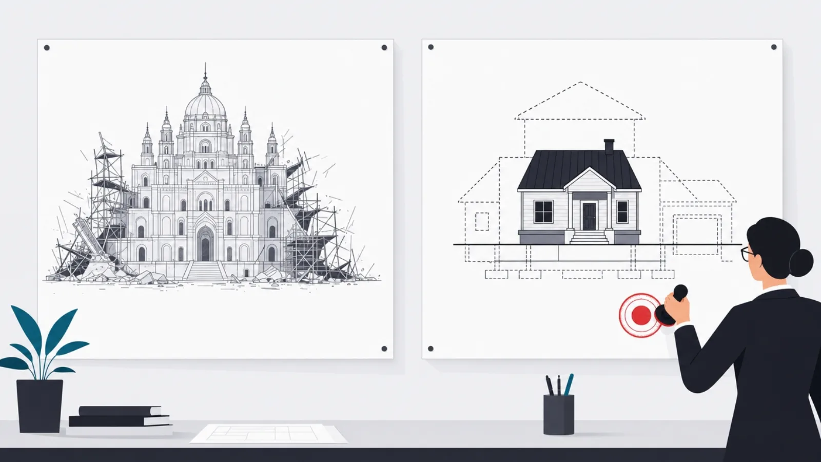 Two blueprints compared, a collapsing all-at-once palace versus a modest house with dotted future extensions, the second being approved