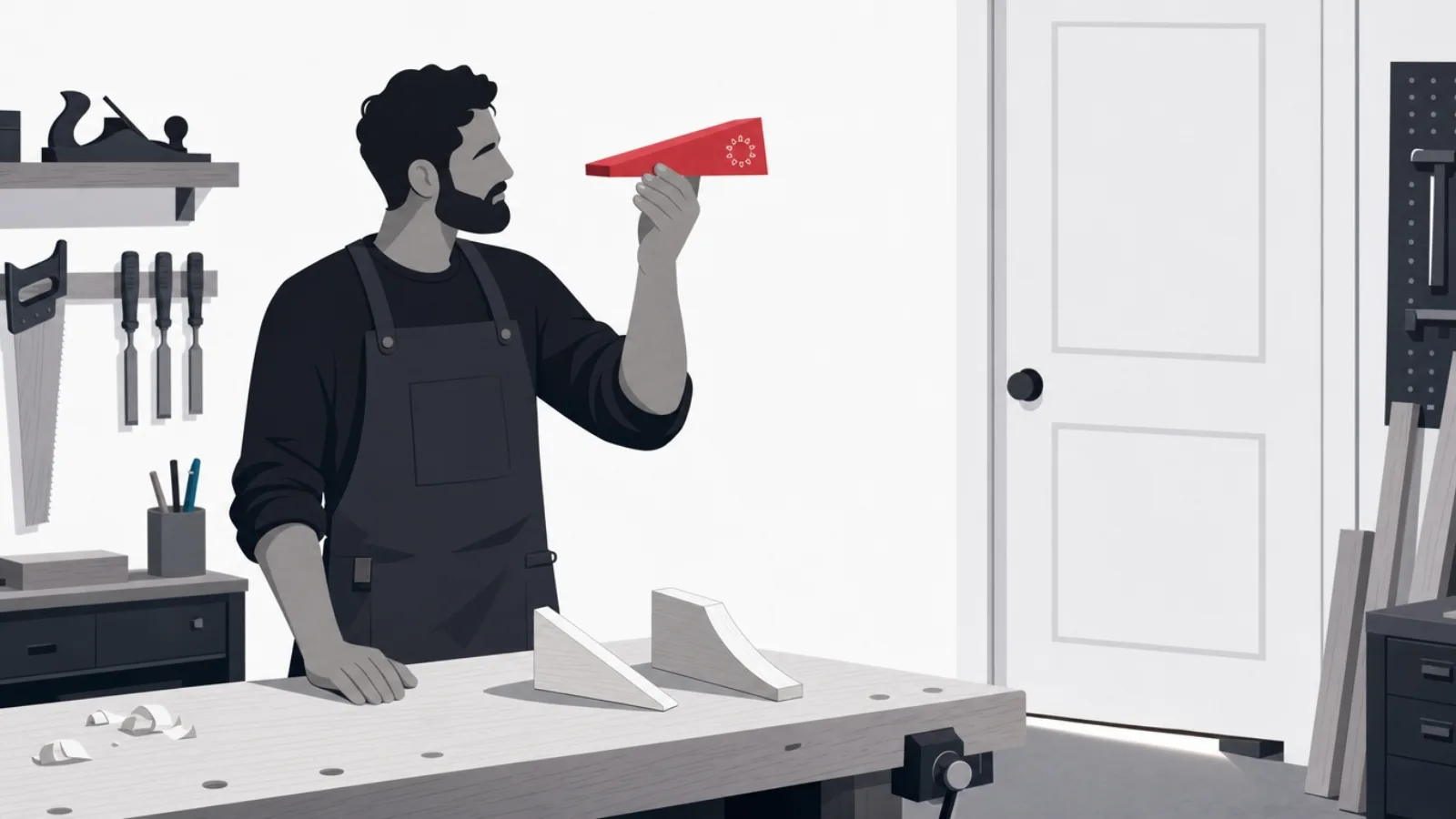 A carpenter examining three wedges and choosing the one etched with a circle of small suns, a gapped door waiting behind