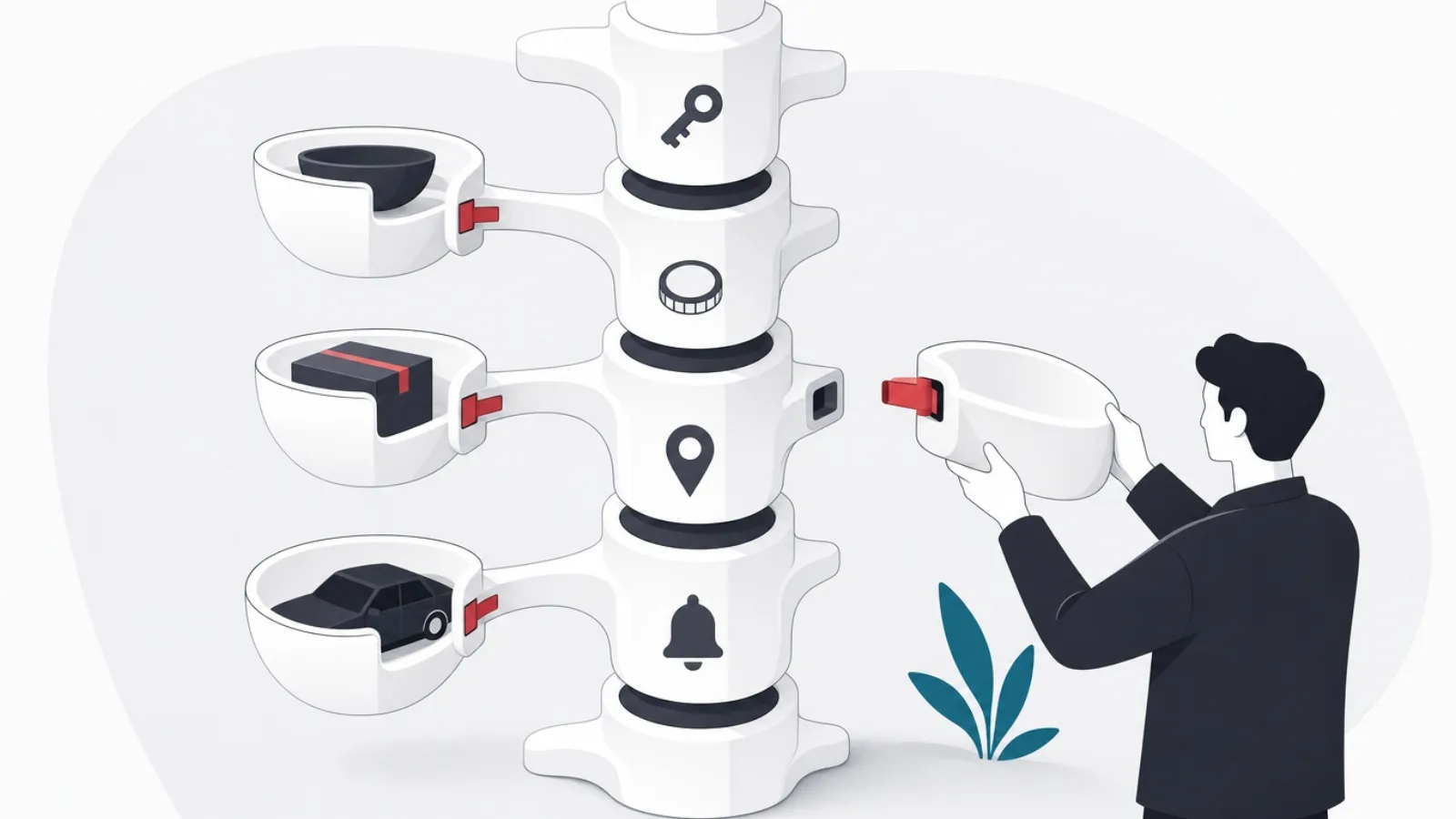 A vertebral spine of shared capability icons with service module pods clipping on like ribs, one being attached by an engineer