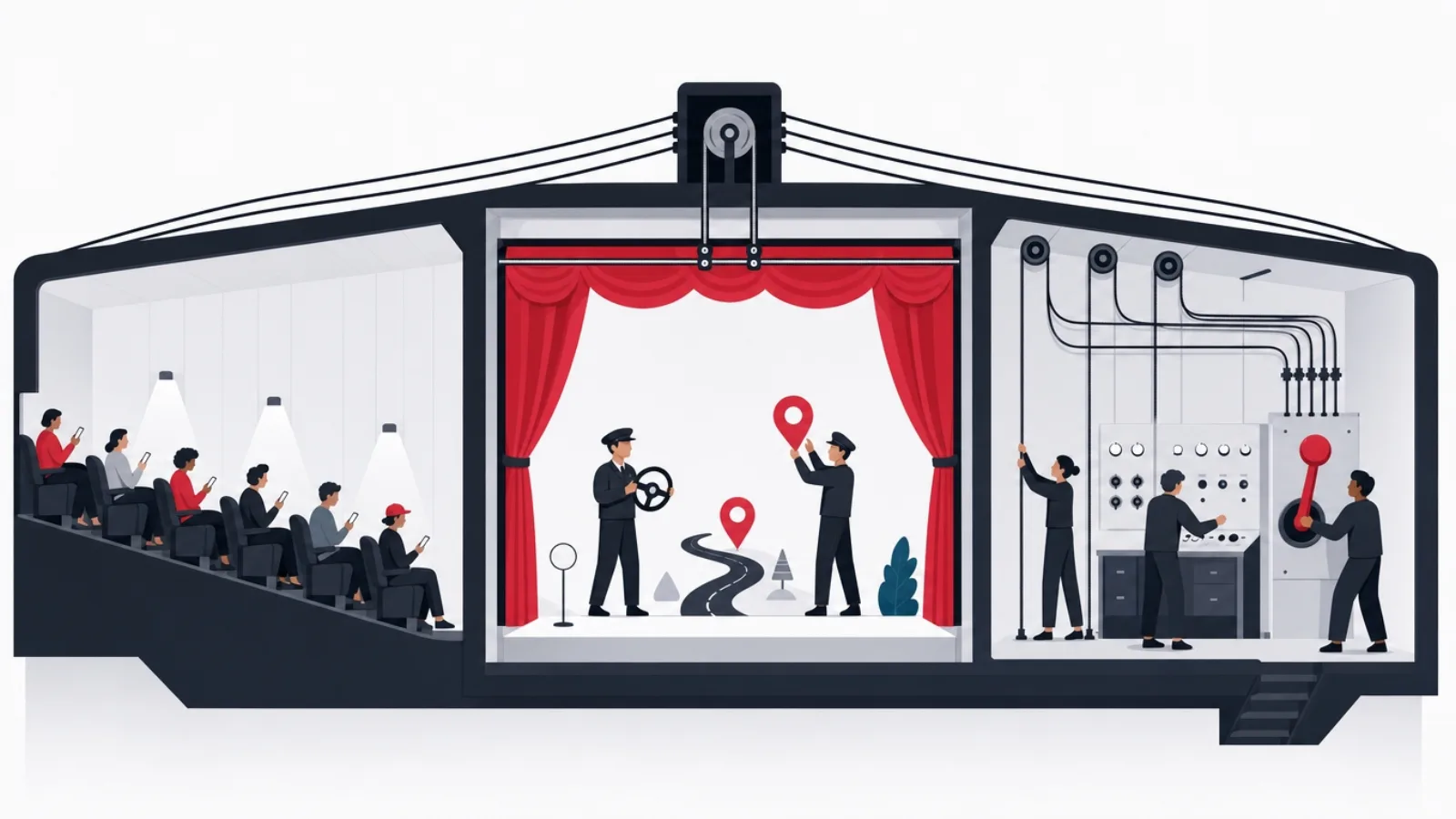 A theater cutaway showing an audience with phones, performers on stage with route props, and backstage operators at a control wall