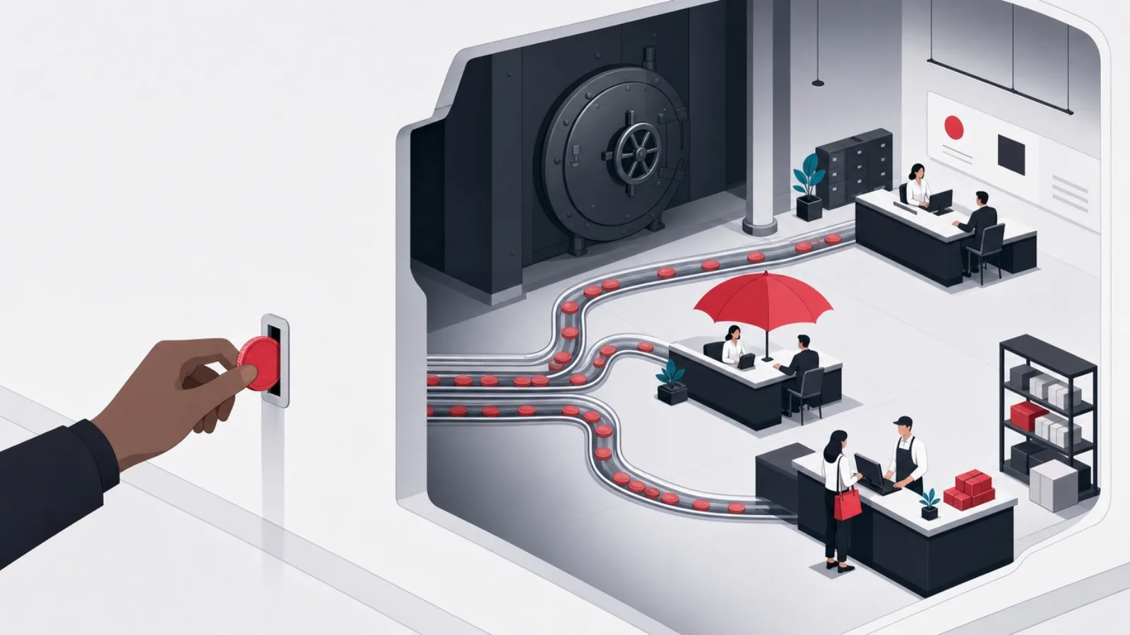 A cutaway showing a modest coin slot feeding a vast vault room with lending, insurance and merchant counters behind the wall