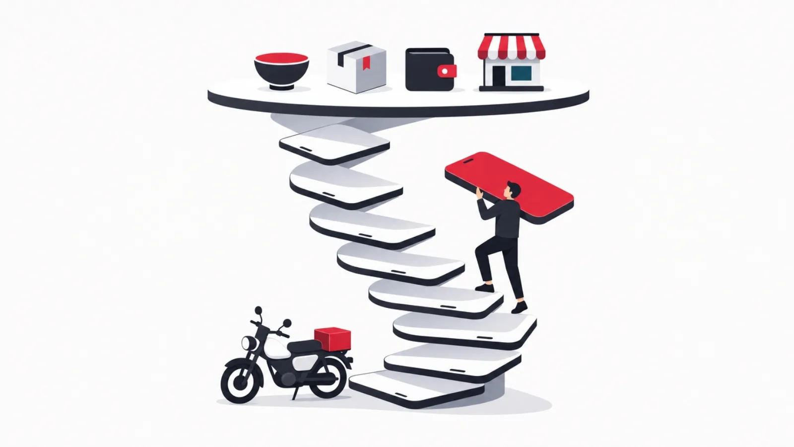 A spiral staircase of app-screen steps rising from a motorbike icon to a platform of service icons, a builder placing the next step