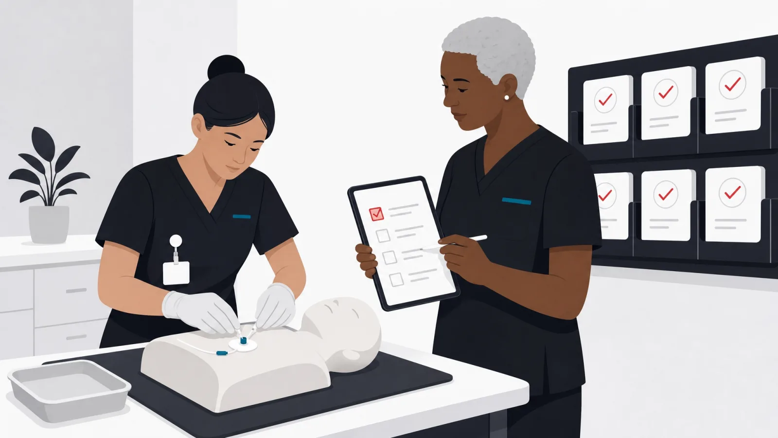 A nurse practicing on a training mannequin while a senior clinician ticks a checklist on a tablet
