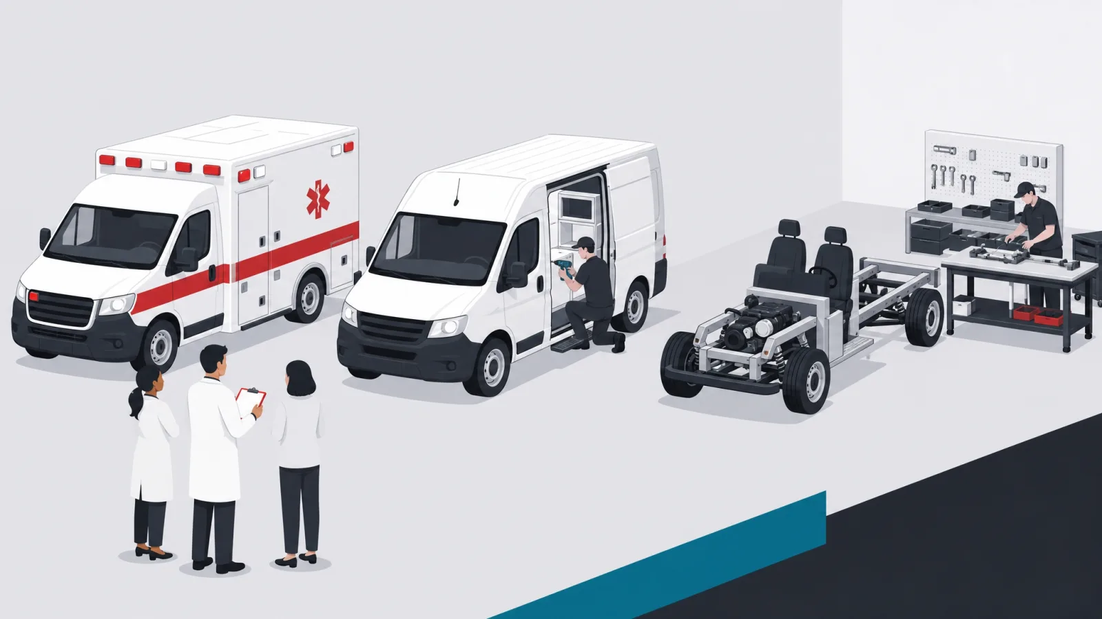 Buyers inspecting a purpose-built van, a generic van being retrofitted and a bare chassis in a workshop