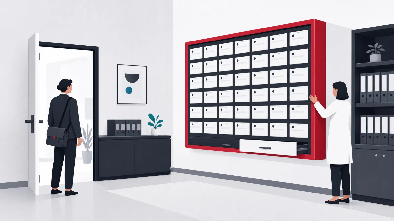 An administrator calmly rotating a wall panel of complete records for an arriving inspector