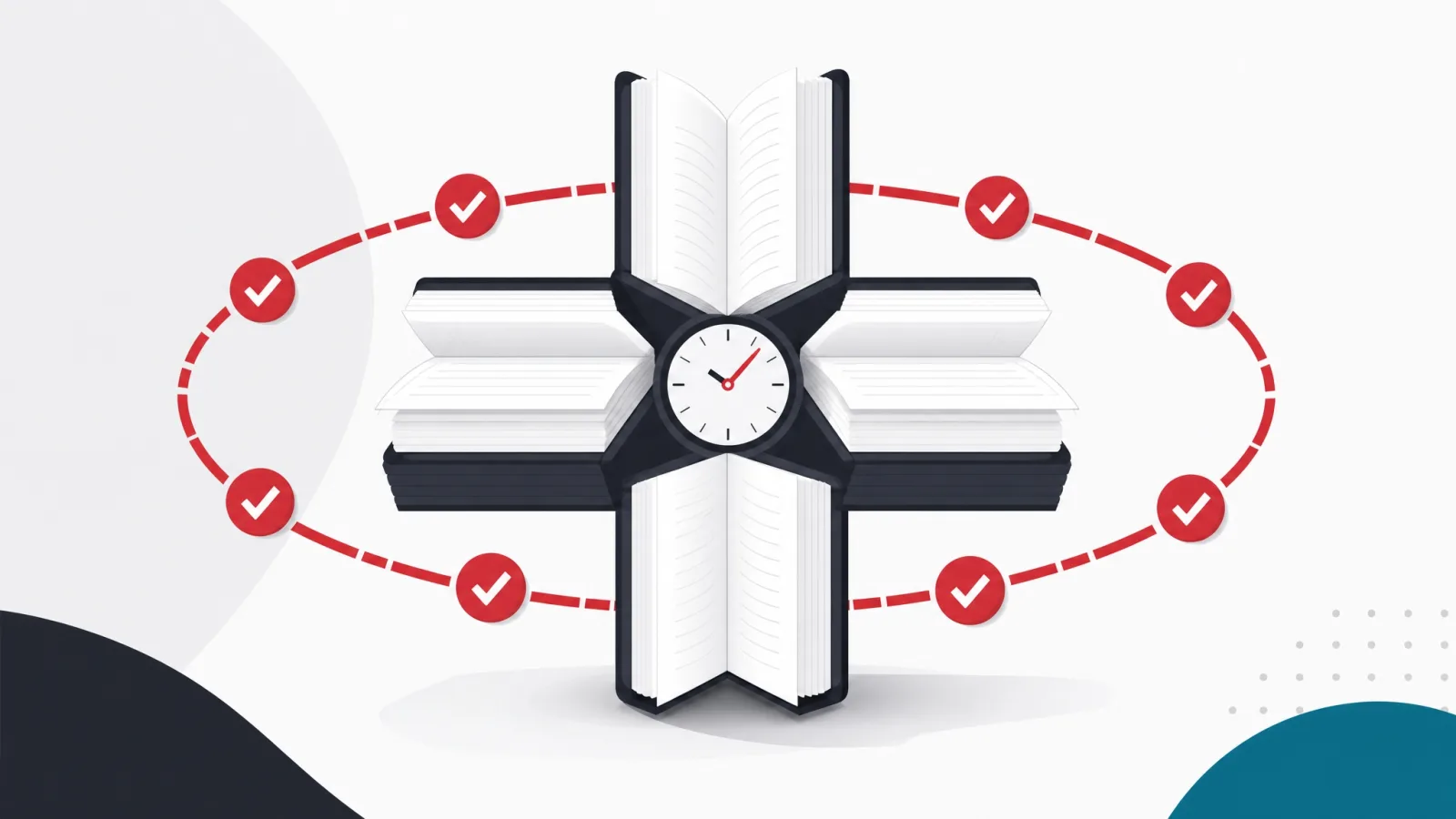 A medical cross built from stacked open books with a clock at its center and an orbiting ring of checkmarks