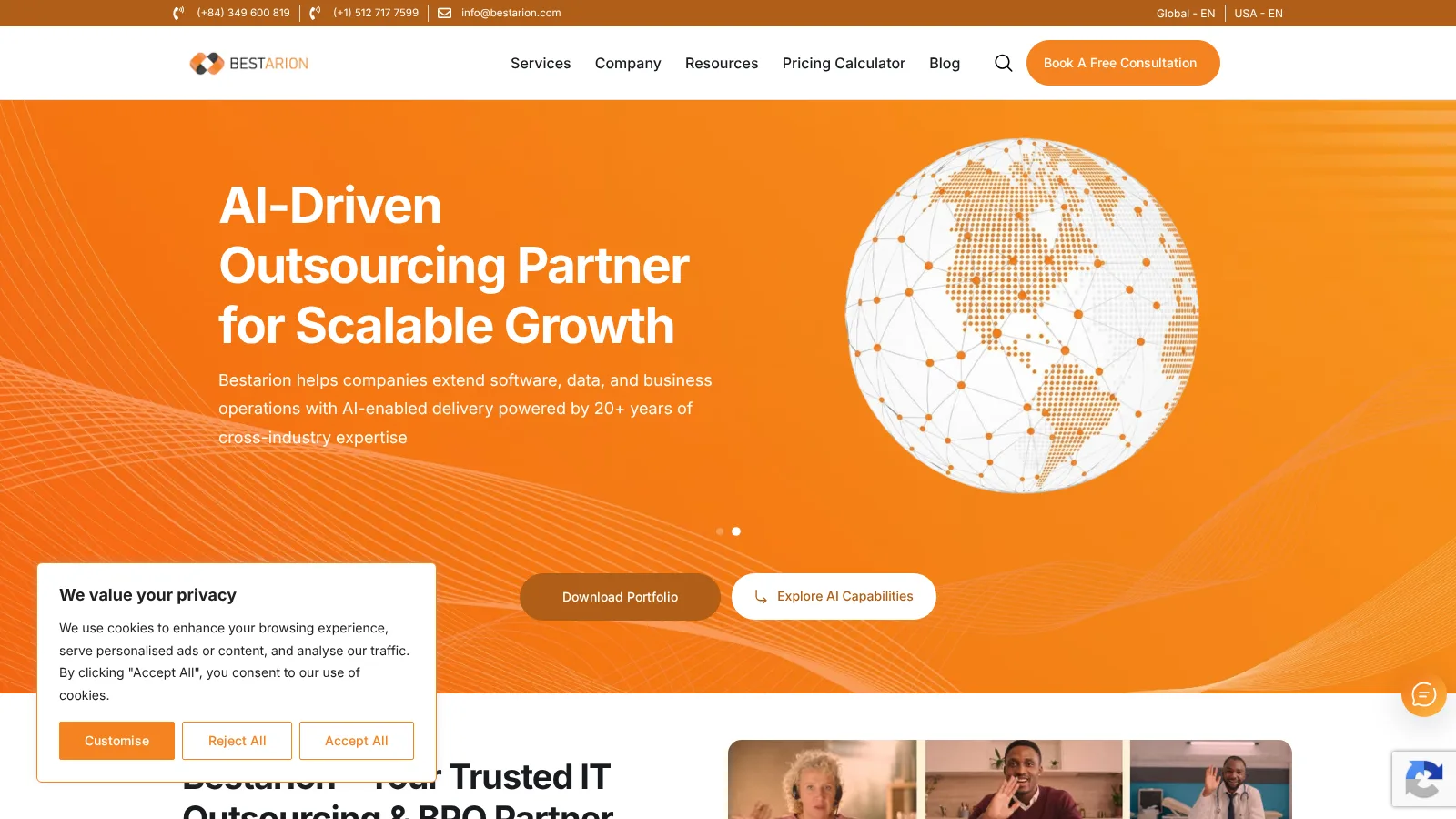 Bestarion homepage with its AI-Driven Outsourcing hero section