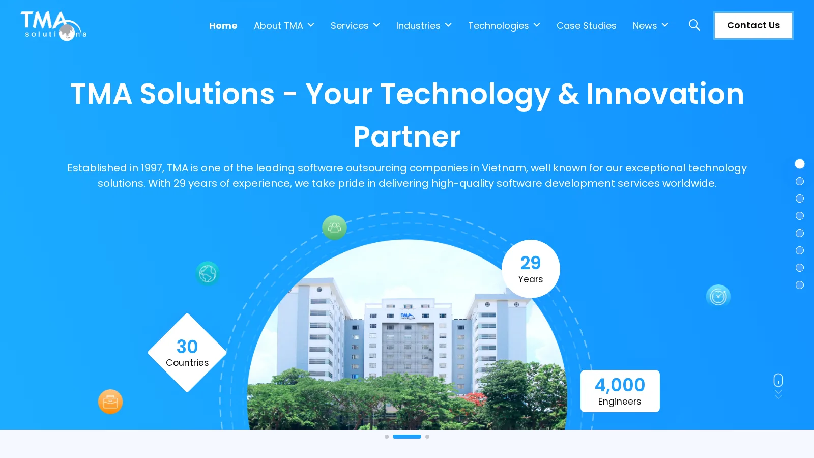 TMA Solutions homepage showing 4,000 engineers, 29 years of delivery and clients in 30 countries