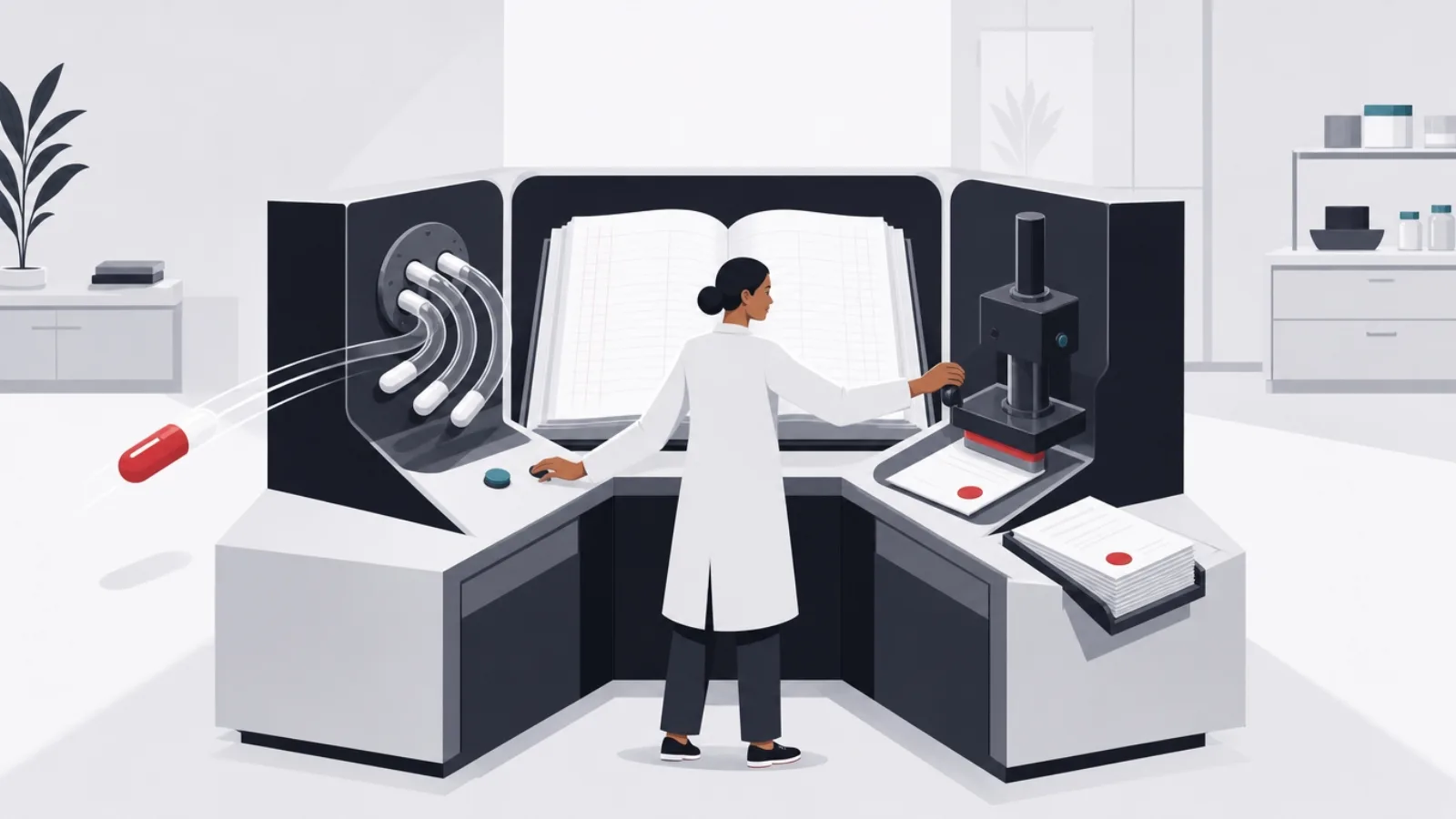 A clinician working a ledger, an order tube station and a documentation press at one central workbench