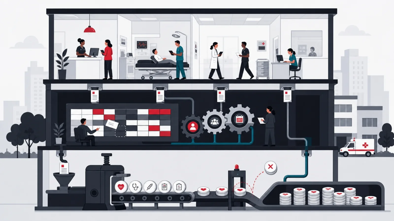 Operations and revenue floors beneath the clinical floor, with a rejected claim token bouncing off a gate