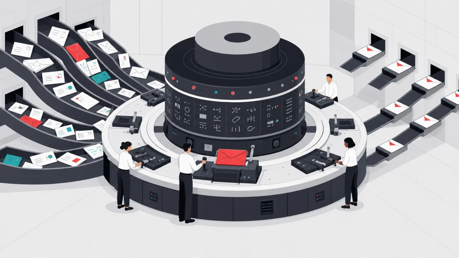 A central sorting engine translating many letter shapes into uniform envelopes between chutes