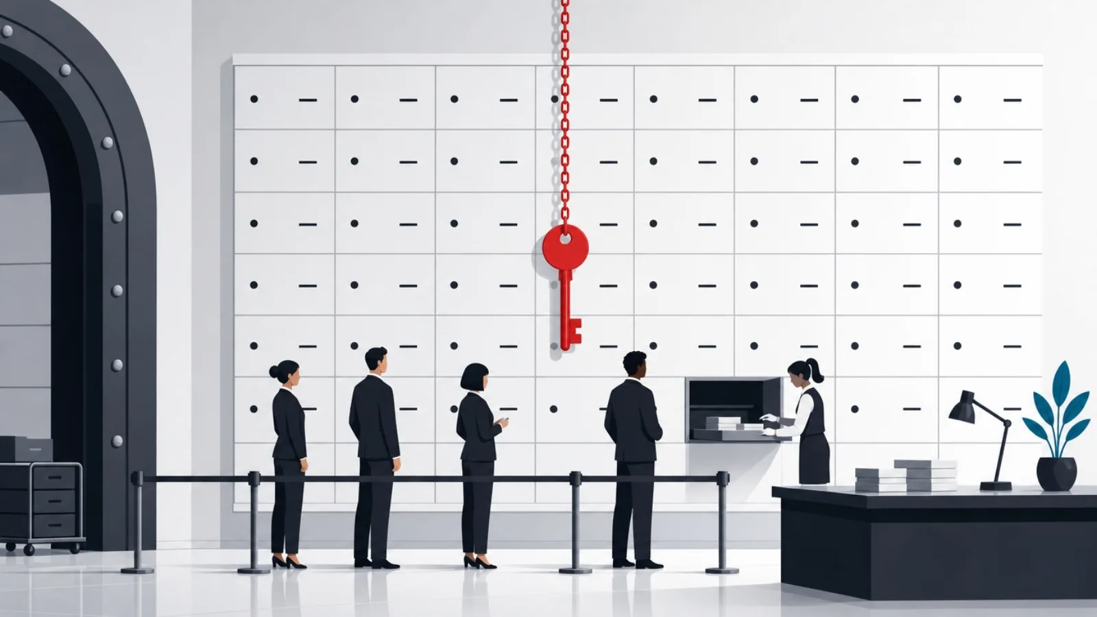A vault wall of deposit boxes arranged as a calendar grid, tellers queuing to share the single master key on one chain