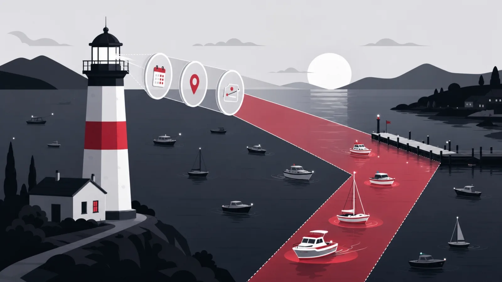 A lighthouse with stacked filter lenses casting a shaped beam that guides only matching boats into a dock lane