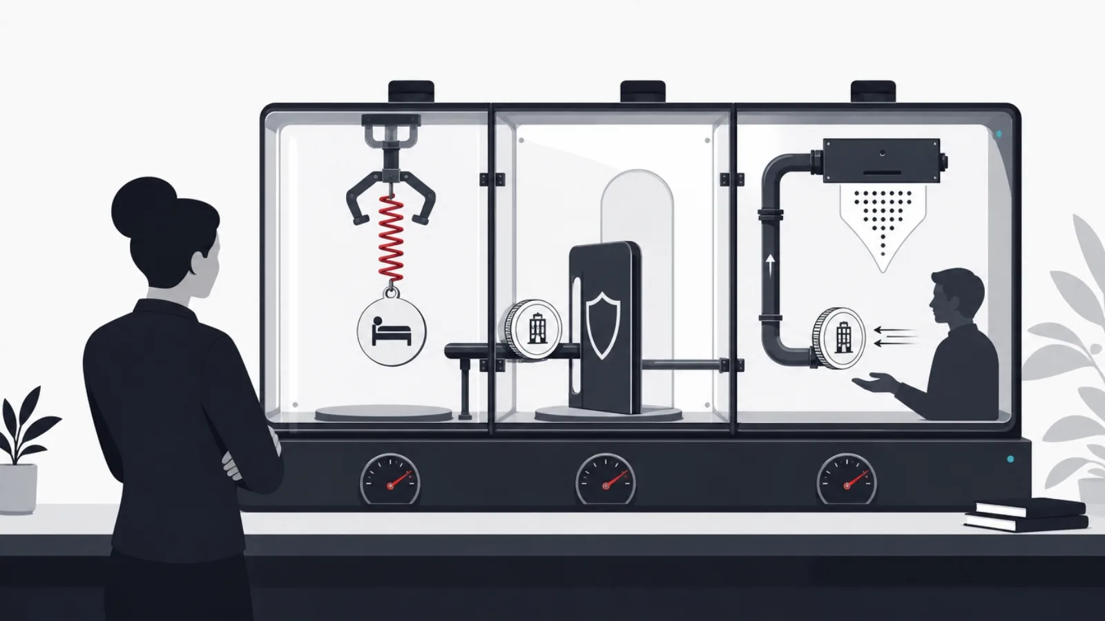 A three-chamber glass machine holding a room token on a timer spring, verifying a coin at a shield gate, and returning a coin through a policy stencil