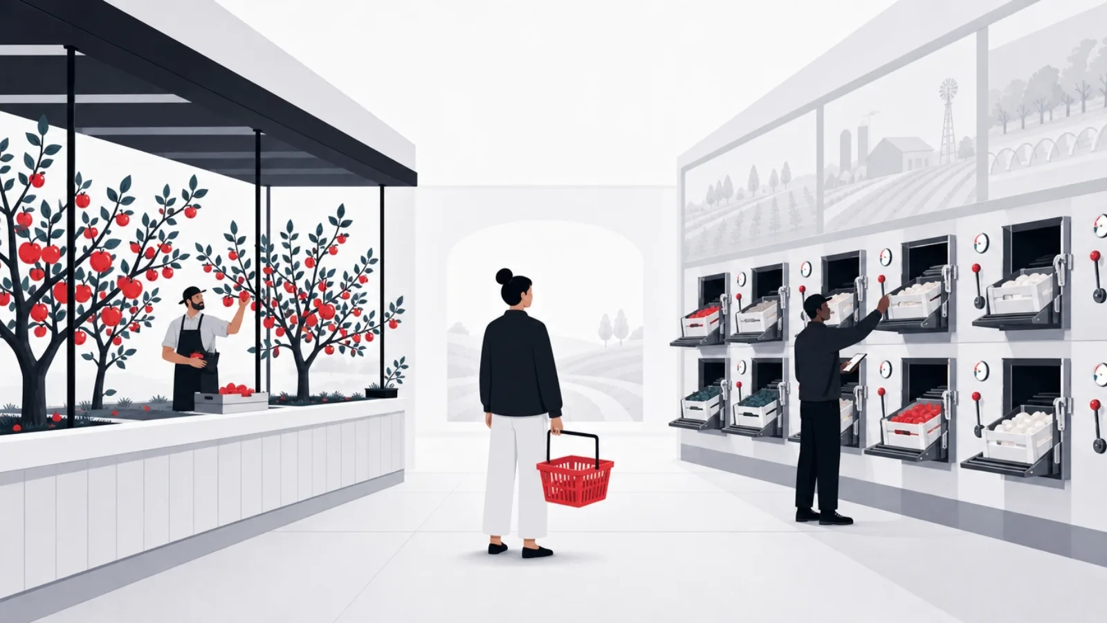 A market hall where one stall grows its own fruit trees through the floor while another runs a wall of delivery chutes from distant farms
