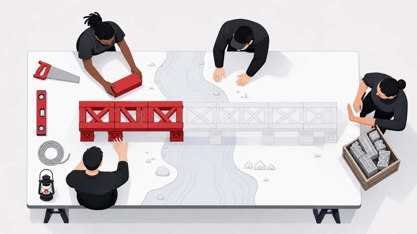 Builders at a planning table completing the first bridge span in blocks while ghosted future spans continue and ornate blocks are set aside