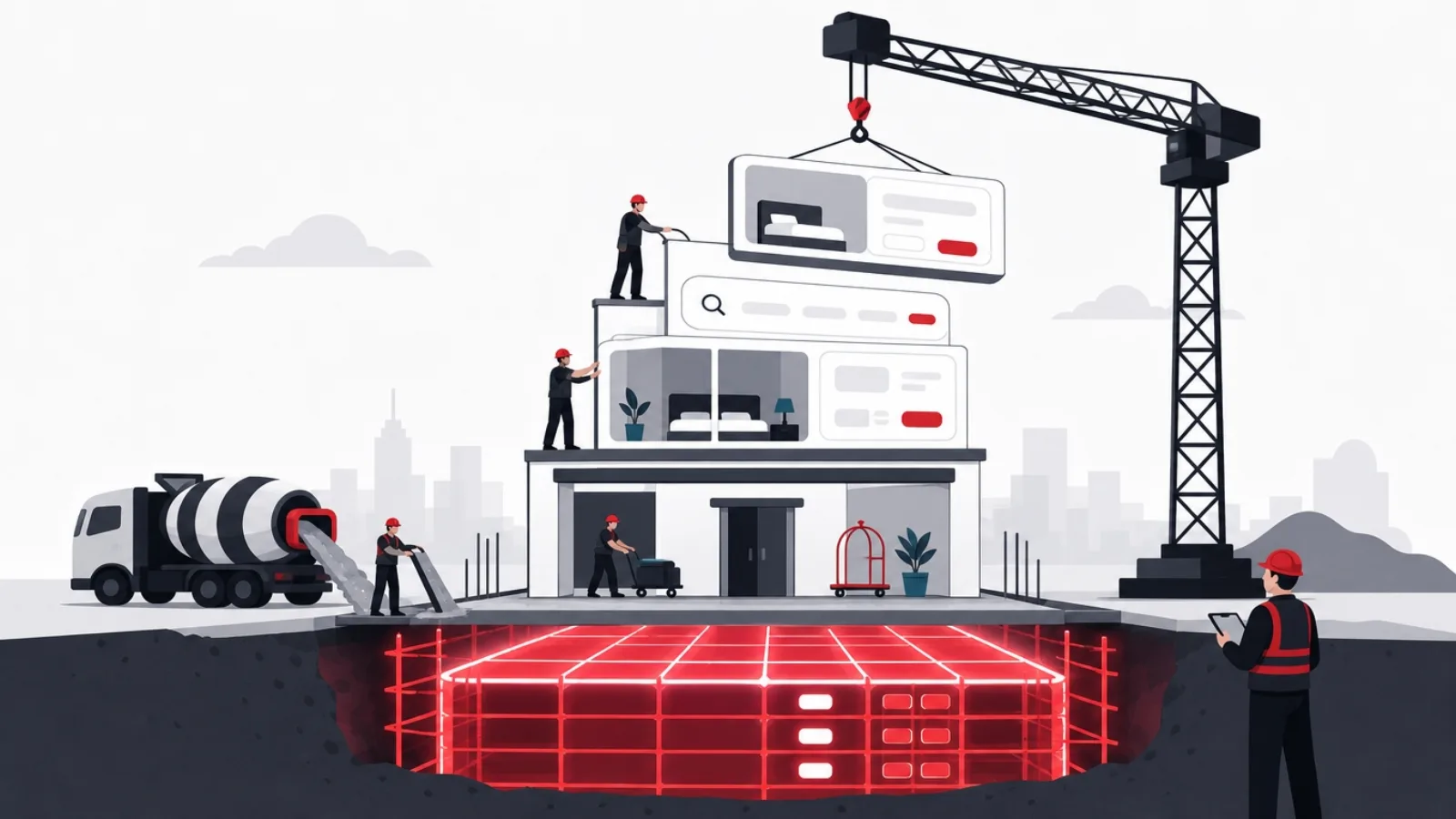 Builders assembling a hotel-shaped app screen with a crane, pouring a glowing reinforced calendar grid as its foundation