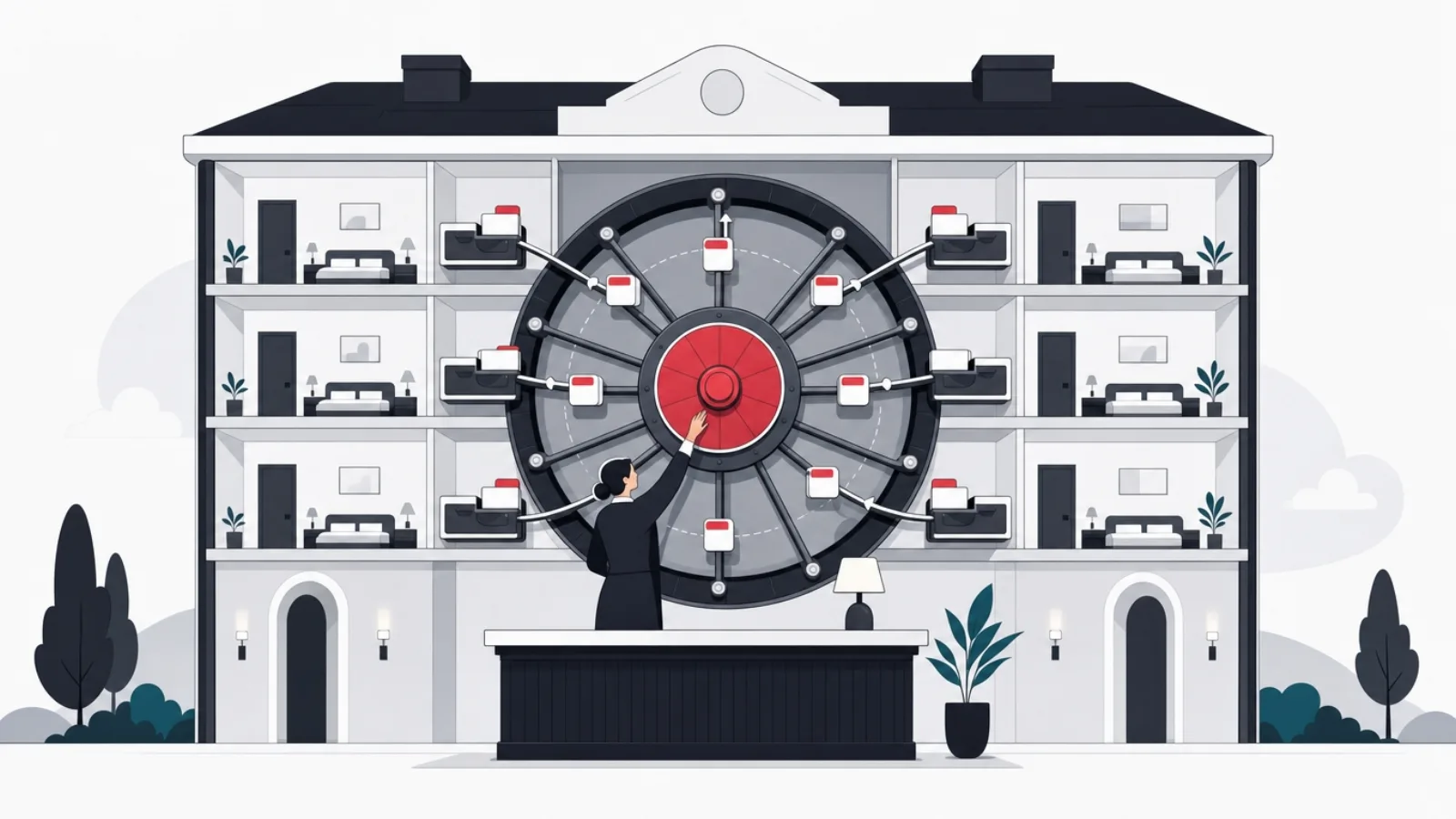 A cutaway hotel with a central ledger wheel behind the lobby connecting date tokens to every room slot