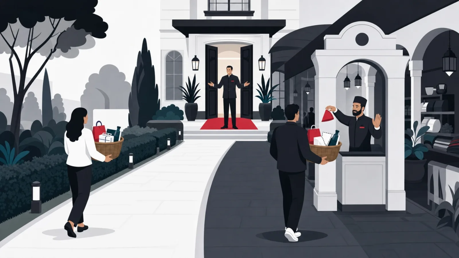 Two guests reaching one hotel door, one via a garden walk with a full basket, one via a bazaar arch where a broker lifts out a wedge