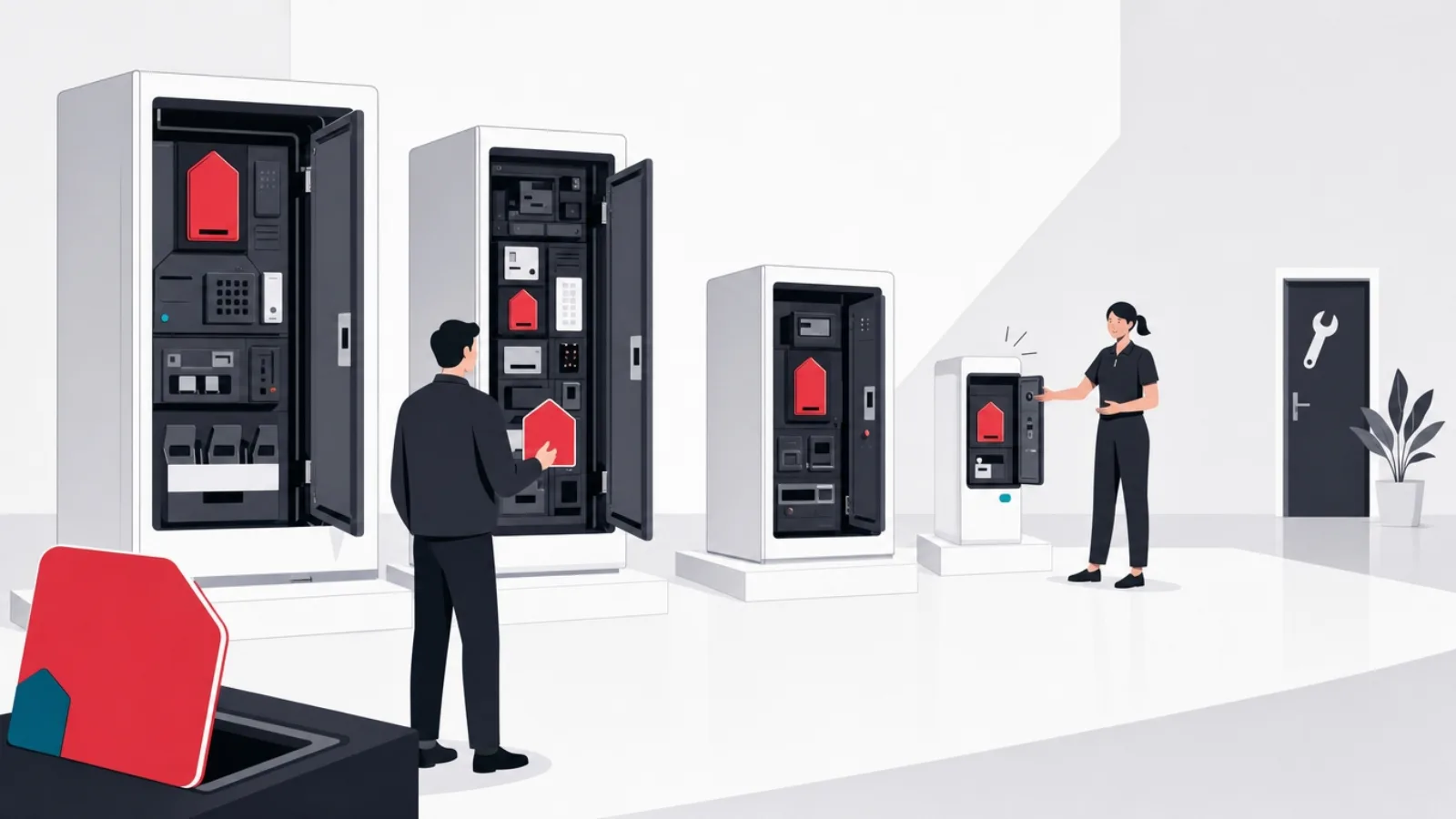 A buyer matching a property silhouette card against open ready-made machine cabinets while a small wrench-marked workshop door waits in the corner