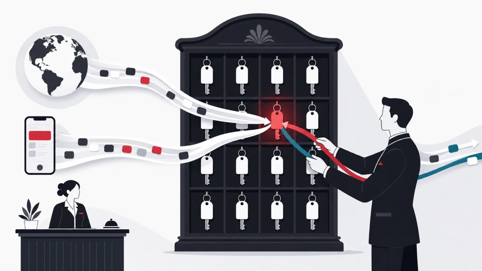 A hotel key rack fed by ribbon streams from a globe, a phone and a front desk, two ribbons competing for one glowing slot