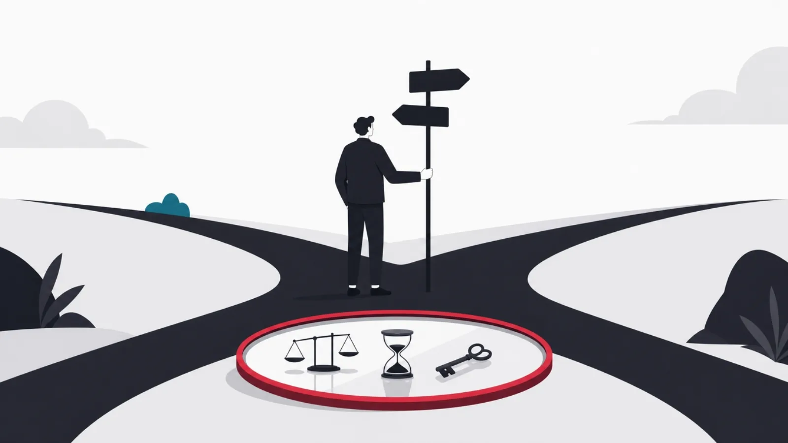 A figure at a crossroads looking into a mirror that reflects scales, an hourglass and a key instead of the two roads