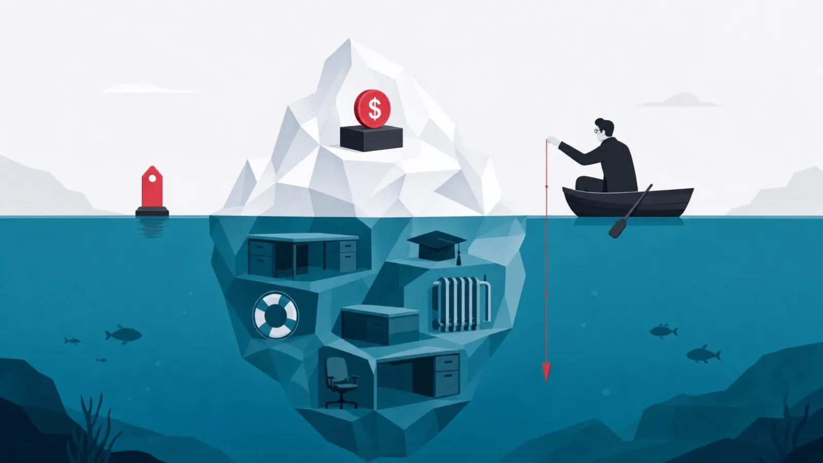 An accountant in a rowboat measuring the submerged mass of an iceberg whose tip is a small coin block above the waterline