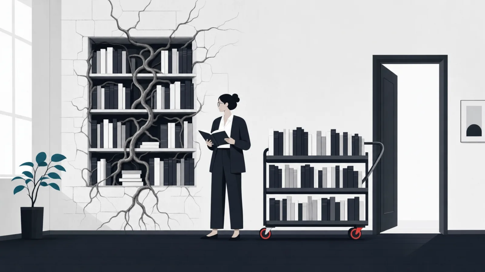 A rooted bookshelf built into a wall beside an equally full wheeled bookcart pointed toward the door, a librarian between them